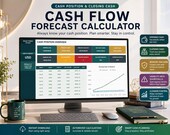 A laptop screen displays the "Cash Position & Closing Cash" tab of a cash flow calculator, showing a table and graph of cash position, with feature descriptions on the right.