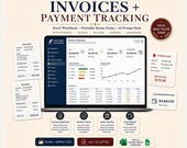 A laptop screen displays an invoice and payment tracking spreadsheet with charts, alongside a phone showing an invoice, with feature descriptions below.