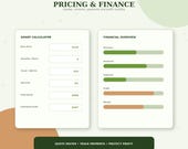 A digital display titled "PRICING & FINANCE" showing a smart calculator with fields for base price, quantity/hours, travel/add-on, discount, total quote, and estimated profit, alongside a financial overview.