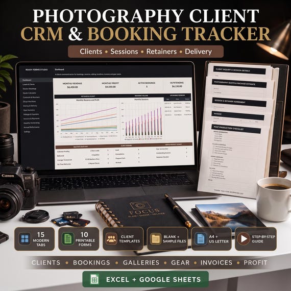 Photography Client CRM & Booking Tracker | Sessions, Retainers, Invoices, Delivery and Profit Spreadsheet | Excel Google Sheets