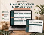 A silver laptop displays two green and white spreadsheets: "Batch Production Record" and "Finished Goods Inventory."