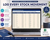 A laptop displays an Excel spreadsheet titled "STOCK MOVEMENTS LOG" with columns for date, item, quantity, and value, next to a blue planner and a pen.