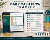 A desktop monitor shows an Excel spreadsheet titled "Daily Cash Flow Tracker" with a "Step-by-Step Workflow" guide, detailing eight steps for using the tracker.