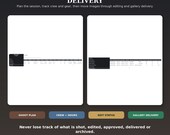 Two screenshots of a digital workflow tracker, one showing a shoot plan and the other a gallery delivery status.