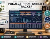 A desktop computer displays an Excel spreadsheet titled "Project Profitability Tracker" with various charts and data tables, flanked by a mug, a notebook, and a pen.