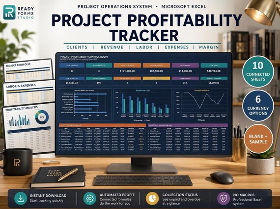 Project Profitability & Job Costing Tracker in Excel: Income, Expenses, Labor Cost and Project Dashboard