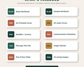 A list of ten items with icons, detailing included digital files such as "XLSX Blank Workbook," "PDF Printable Forms," "MP4 Usage Tutorial," and "PNG Listing Images."