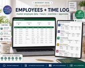 A laptop and tablet show Excel spreadsheets for employee master list and time log, with a pen and plant on the desk.