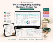 May include: A Pet Sitting & Dog Walking Business System Pro digital product set featuring a laptop displaying an Excel dashboard, a tablet showing a daily visit report card, and printed forms including a service worksheet and health log.