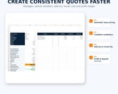 A digital spreadsheet displaying a quote calculator with line items for services, add-ons, and a total estimated profit, with text 'CREATE CONSISTENT QUOTES FASTER'.