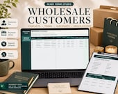 A laptop shows a "Wholesale Customers" spreadsheet with contact information, next to a clipboard, mug, and boxes.