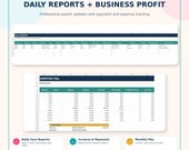 Two Google Sheets screenshots: one showing a "Daily Reports" table and another showing a "Monthly P&L" table with income and expense data.