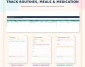 A Google Sheets screenshot of a "Medication Log" table, with three printable forms below for "Daily Routine," "Meal & Snack Schedule," and "Allergy & Medication Information."