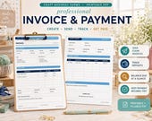 Two clipboards display an "Invoice" form and a "Payment Form" side-by-side on a wooden desk with a pen and craft items.