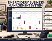 A desktop setup with a monitor displaying an "Embroidery Business Management System" dashboard, flanked by embroidery thread spools, a folded white t-shirt, and a navy polo shirt.