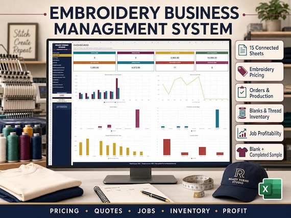 Embroidery Business Spreadsheet in Excel: Embroidery Pricing, Cost, Orders, Inventory and Production Tracker