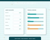 A digital interface shows a "Smart Calculator" with input fields for price, quantity, discount, and estimated profit, alongside a "Financial Overview" with bar graphs for revenue, expenses, profit, and margin.