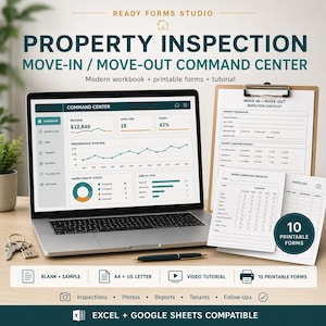 Property Inspection Spreadsheet | Move-In Move-Out Checklist, Damage Tracker, Repair Estimate, Work Orders & Dashboard