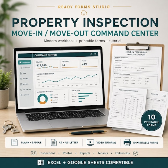 Property Inspection Spreadsheet | Move-In Move-Out Checklist, Damage Tracker, Repair Estimate, Work Orders & Dashboard