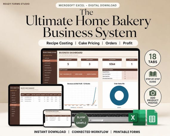 Home Bakery Business Spreadsheet, Recipe Cost Calculator, Cake Pricing, Order & Profit Tracker Excel