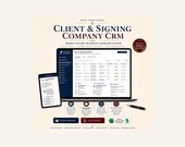 A laptop and phone display a client relationship management (CRM) spreadsheet with contact lists and details, with feature descriptions below.