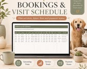 A laptop displays a bookings and visit schedule spreadsheet alongside a golden retriever and a cat.