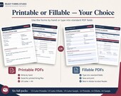 Two sets of white forms, each showing a Job Application Form and an Interview Scorecard, labeled "Printable PDFs" and "Fillable PDFs" respectively.