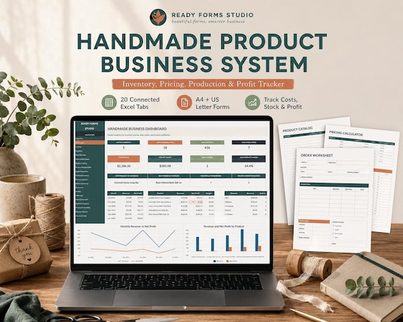 Handmade Product Business Spreadsheet: Product Inventory, Pricing Calculator, Materials, Production & Profit Tracker in Excel