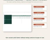 A green and white spreadsheet titled "Turnover Planner + Ready-Date Tracker" is displayed, with text boxes detailing "Move-Out Date," "Task Plan," "Ready-By Date," and "Turnover Budget."