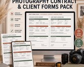 A flat lay shows a camera, lenses, film, and a clipboard with a "Photography Service Agreement" form, with a laptop displaying various digital forms.