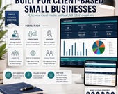 A laptop and tablet show a lead and follow-up tracker dashboard, with text indicating it's for small businesses and various user types.