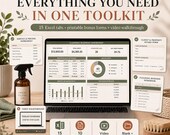 A laptop shows a cleaning business dashboard while stacked printable forms and a spray bottle sit on a desk with a plant and brush.