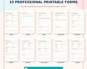Ten printable forms arranged in two rows, including "Profile," "Routine," "Meals," "Medication," "Emergency," "Bedtime," "Activities," "House Rules," "Daily Report," and "Handoff."