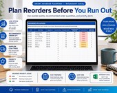 A laptop displays an Excel spreadsheet titled "REORDER PLANNER" with item details, current stock, reorder quantity, and priority status columns, next to a blue planner and a plant.