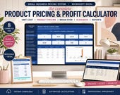 A desktop computer displays a "Product Pricing & Profit Calculator" spreadsheet, with a tablet showing a "Product Cost & Price Register" and a phone with a blank screen, all on a desk with a plant and pens.