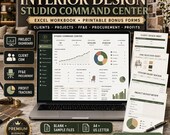 A laptop displays an "Interior Design Studio Command Center" Excel dashboard with charts and data, surrounded by icons for clients, CRM, FFE, and profit tracking.