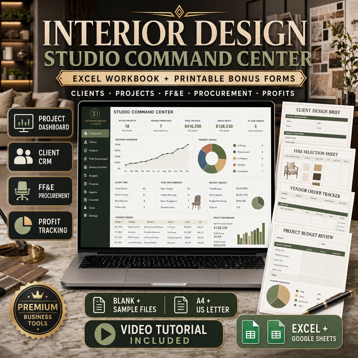 A laptop displays an "Interior Design Studio Command Center" Excel dashboard with charts and data, surrounded by icons for clients, CRM, FFE, and profit tracking.