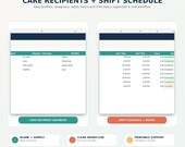 Two digital forms titled "Care Recipient Database" and "Shift Schedule + Hours" display tables with care recipient details and caregiver shift times.