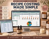 A computer monitor shows a "Recipe Costing Made Simple" spreadsheet, with various candle-making ingredients and tools arranged around it.