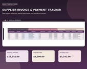 A screenshot of a digital spreadsheet titled "Supplier Invoice & Payment Tracker" showing columns for PO number, supplier, invoice details, amount paid, and balance due, with totals below.