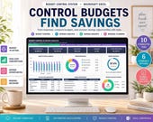 A desktop computer displays an Excel spreadsheet titled "Budget Control System Find Savings," showing sections for budget control, expense analysis, savings insights, and renewal planning.