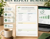 A laptop displays a client retention overview, next to a printed customer follow-up and rebooking form, with a plant and a coffee mug.