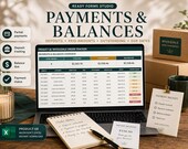 A laptop displays a "Payments & Balances" spreadsheet with payment statuses, next to a pen, a receipt, and a candle.