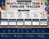 A row of six laptops, each displaying a different section of the multi-project task and timeline tracker spreadsheet, with a desk lamp and coffee mug.