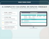A monitor displays a spreadsheet titled "HOUSE CLEANING BUSINESS SYSTEM PRO," showing columns for services, pricing, and quantities, with text describing a complete operating toolkit.