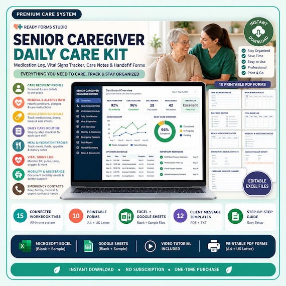 Senior Caregiver Daily Care Kit | Medication Log, Vital Signs Tracker, Handoff Forms / Excel Spreadsheet