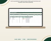 A laptop screen displays a green and white spreadsheet titled "HOST CONTENT DASHBOARD" with columns for property name, completion, and status.