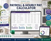 A desktop monitor and tablet display an Excel payroll and hourly pay calculator with scenario comparisons and charts, alongside a plant and coffee cup.