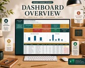 A laptop displays a "Dashboard Overview" spreadsheet with various data points and charts, with a desk lamp and boxes in the background.
