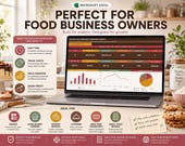 A laptop displays a "Recipe Cost & Pricing Command Center" spreadsheet, with text describing it as "Made for Food Business Owners" and listing various business types.